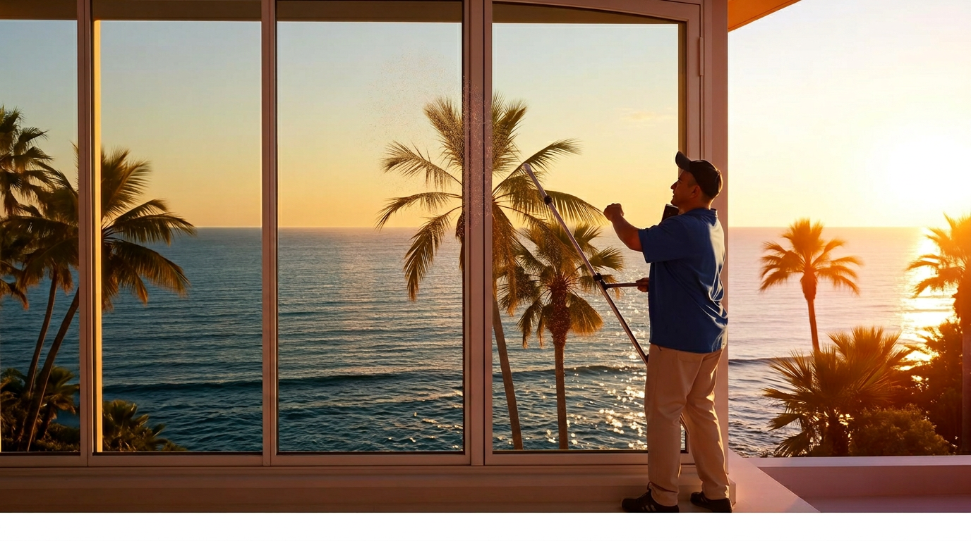 Window cleaner washing oceanfront windows at sunrise